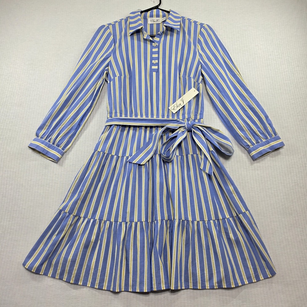 NWT Eliza J Blue Yellow Stripe Tiered Shirtdress Belt Pockets 4 Preppy Coastal